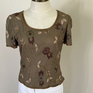 Like NEW! Adrianna Papell Occasions olive beaded embroidered top size S (4-6)